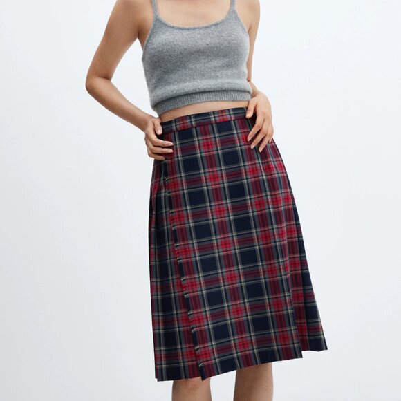 Mango Red Pleated Midi-Skirt Plaid Skirt/NWT/S - Picture 1 of 16